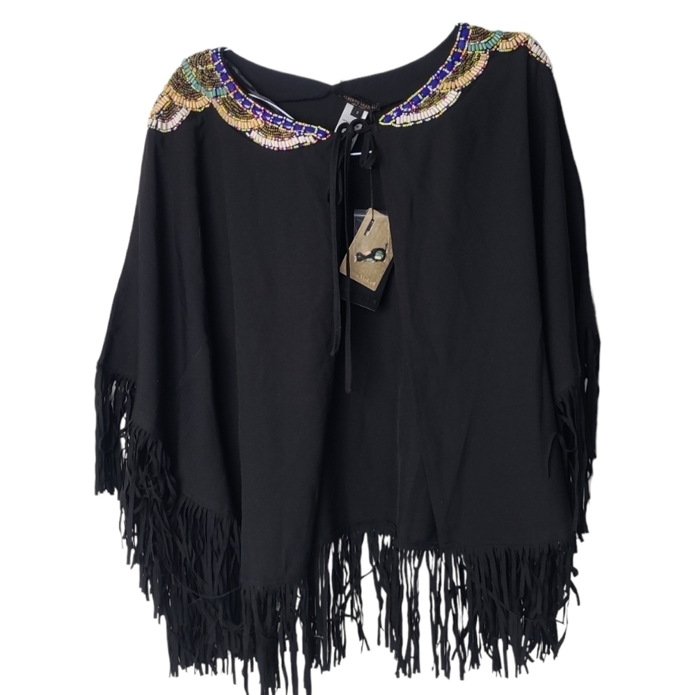 NWT Alberto Makali Black Fringe Beaded Tie Cape Size Small